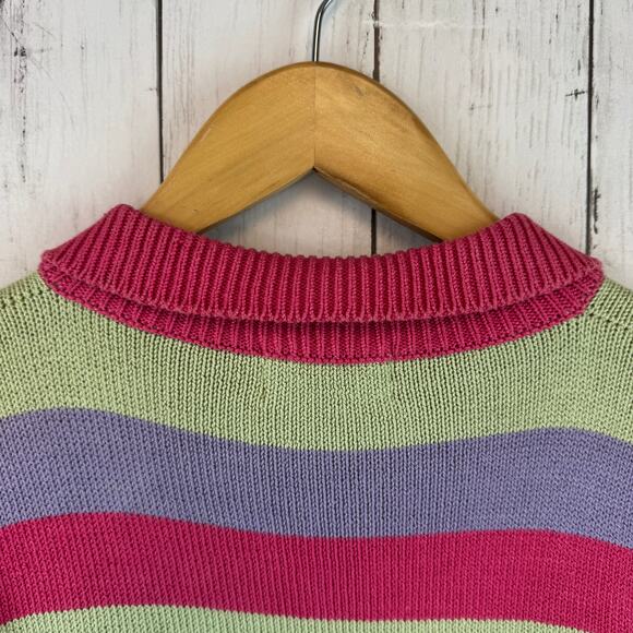 VTG Anne Crimmins Umi Collection Pink/Green Stripe Collared Knit Sweater Large - Picture 9 of 13